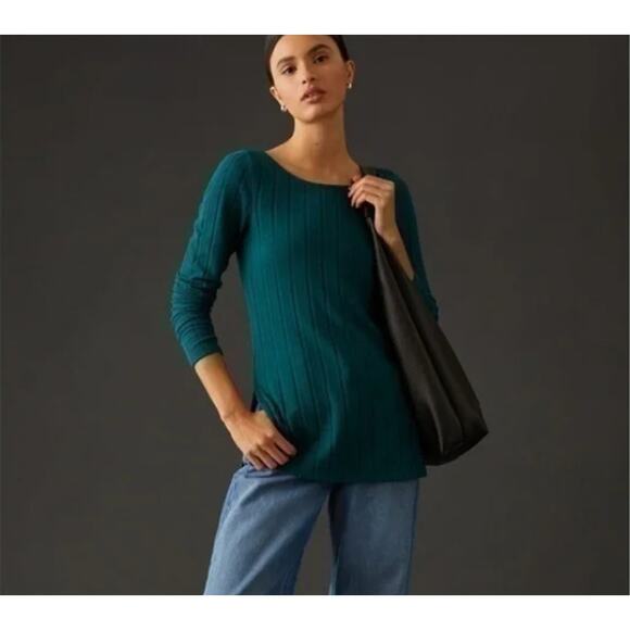 Anthropologie Women's Teal Ribbed Knit Side Slit Tunic Top Size Small - Picture 1 of 9